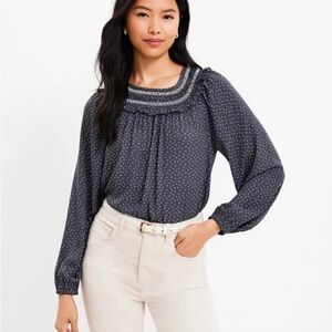 LOFT‎ Charcoal Polka Dot Flowy Mixed Media Ruffle Neck Blouse Size S